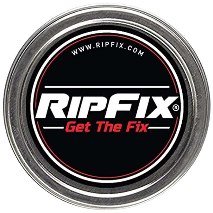 RipFix tin front view showing compact design and branding for easy carrying