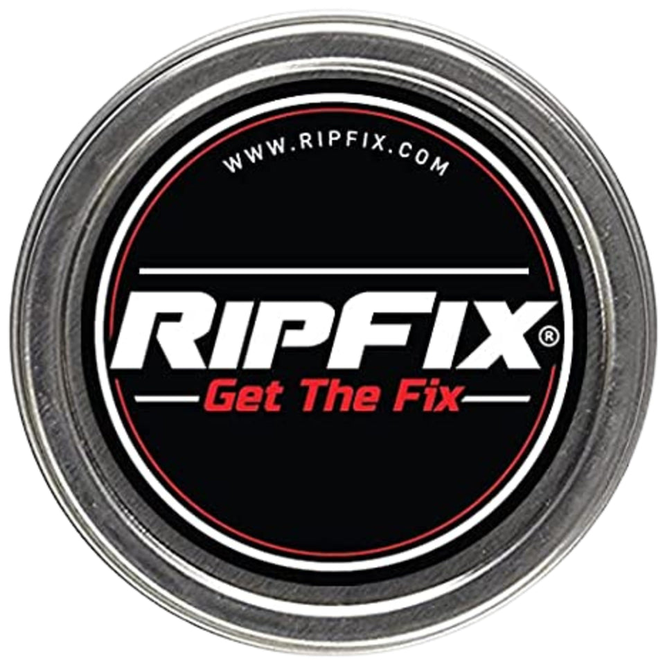 RipFix tin front view showing compact design and branding for easy carrying