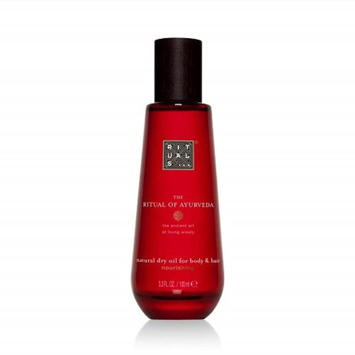 RITUALS front packaging of The Ritual of Ayurveda Dry Oil VATA showing bottle and cap, conveys compact convenience