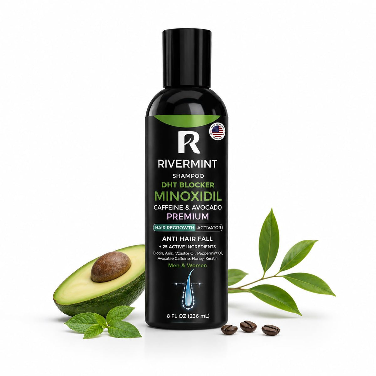 Rivermint front packaging showing bottle and label, highlights clean formulation benefits