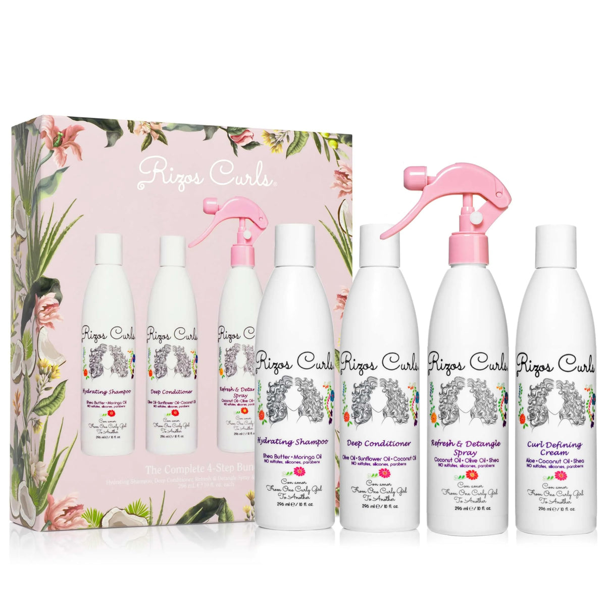 Rizos Curls bundle front packaging showing full four-step kit and convenience