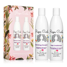 Rizos Curls front packaging showing both shampoo and conditioner, promoting convenience