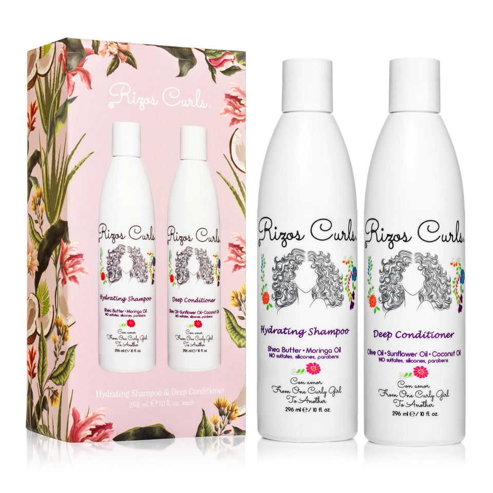Rizos Curls front packaging showing both shampoo and conditioner, promoting convenience