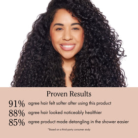 Rizos Curls being applied to wet hair while detangling to reduce breakage and frizz
