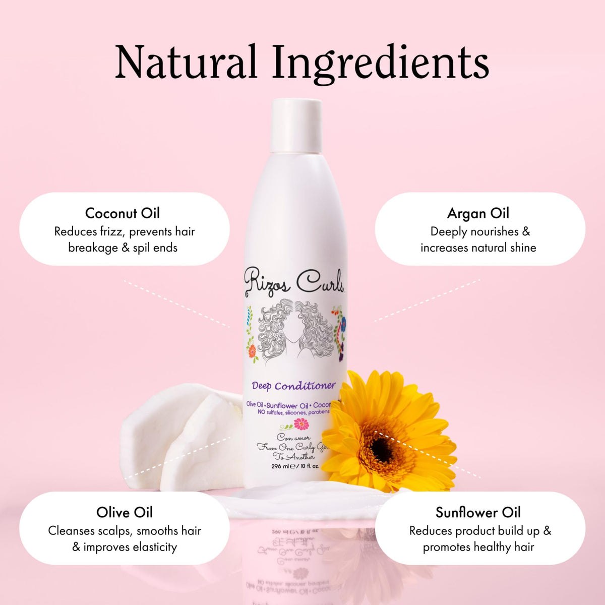 Rizos Curls natural ingredients display with coconut sunflower and shea oils for nourishment