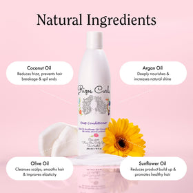 Rizos Curls natural ingredients display with coconut sunflower and shea oils for nourishment
