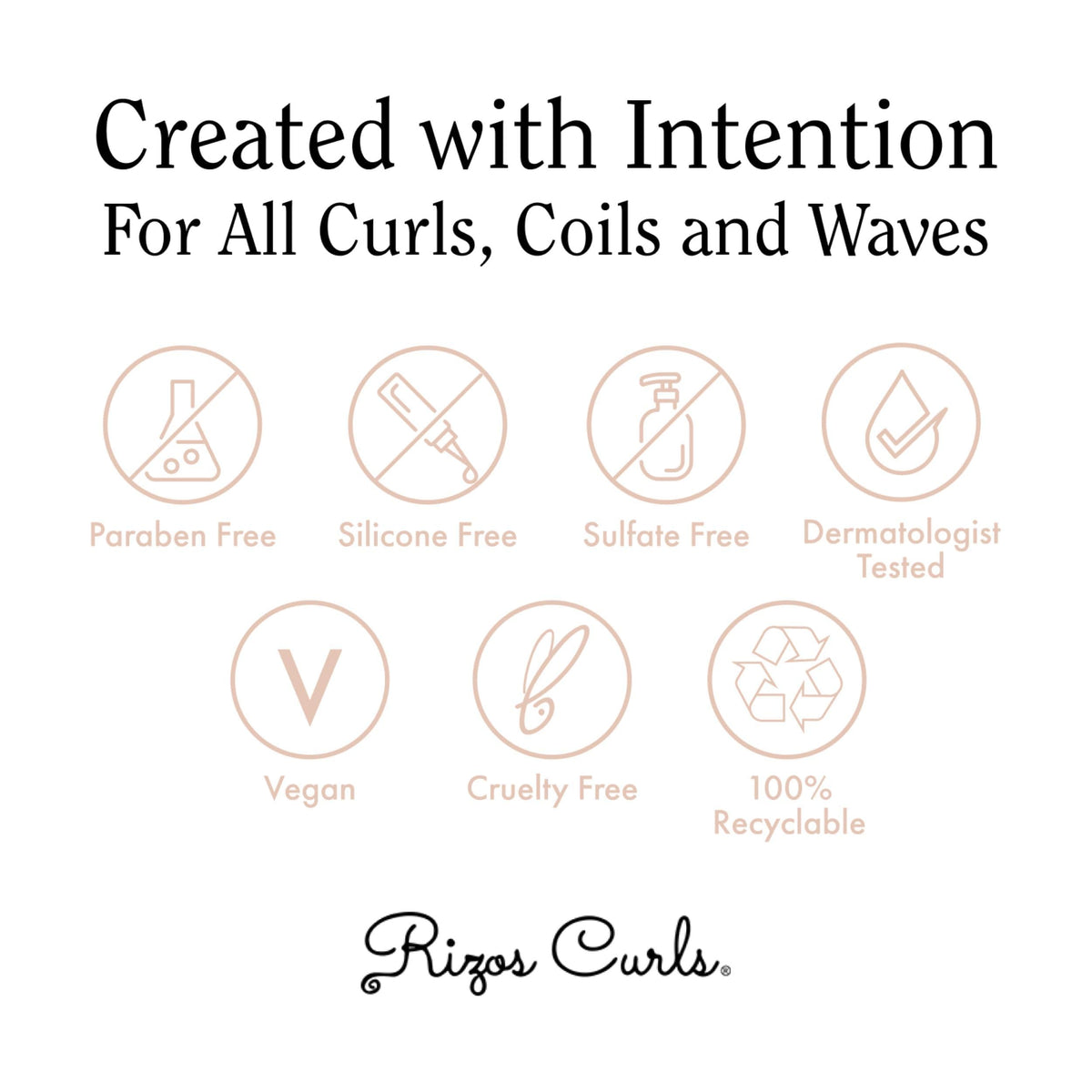 Rizos Curls on bathroom shelf beside styled curls to illustrate softness and manageability