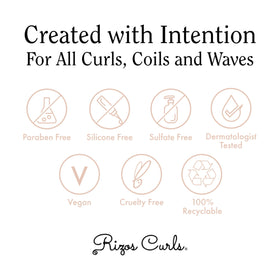 Rizos Curls on bathroom shelf beside styled curls to illustrate softness and manageability