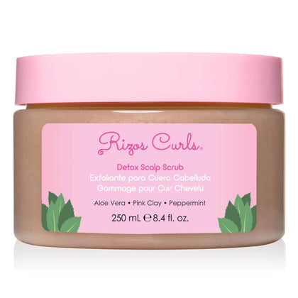 Rizos Curls front packaging showing detox scalp scrub for clear scalp
