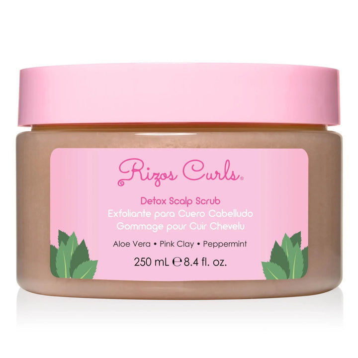 Rizos Curls front packaging showing detox scalp scrub for clear scalp