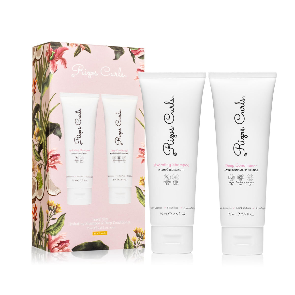 Rizos Curls front packaging of travel wash day bundle shows curl-friendly duo