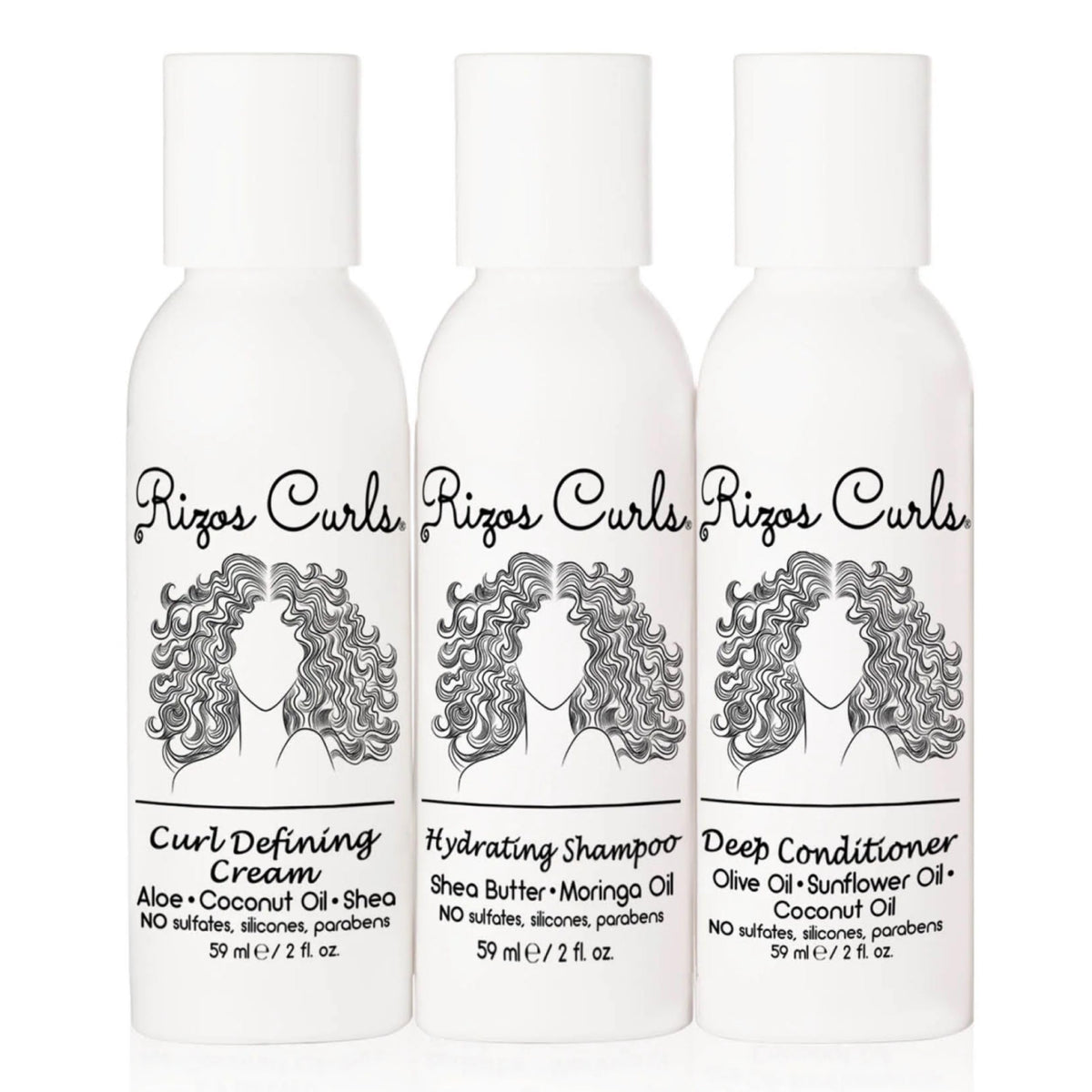 Rizos Curls front packaging trio travel kit showing 3 bottles and brand for convenience