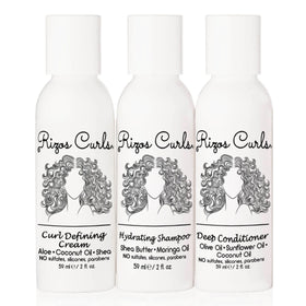 Rizos Curls front packaging trio travel kit showing 3 bottles and brand for convenience