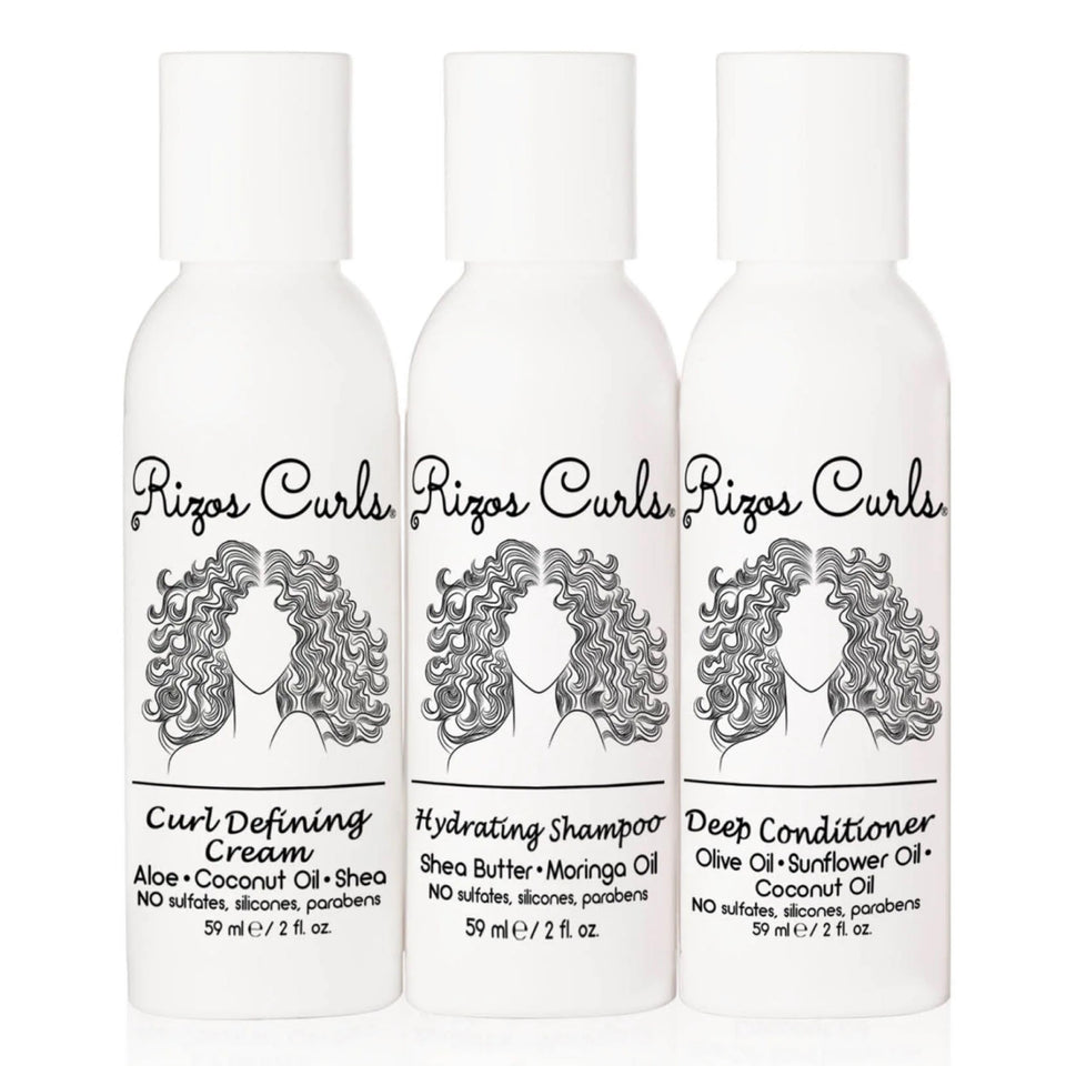 Rizos Curls front packaging trio travel kit showing 3 bottles and brand for convenience