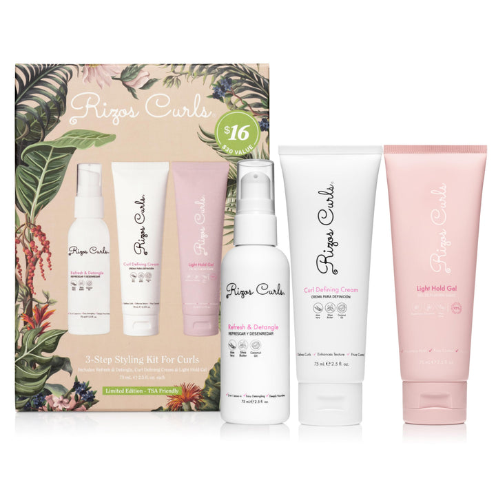 Rizos Curls front packaging showing three product bottles and brand benefits