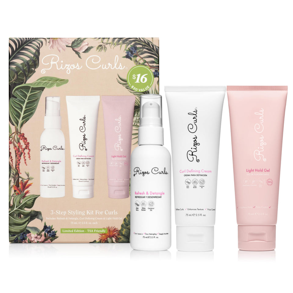Rizos Curls front packaging showing three product bottles and brand benefits