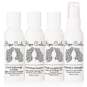 Rizos Curls front packaging showing four travel bottles and portability benefit