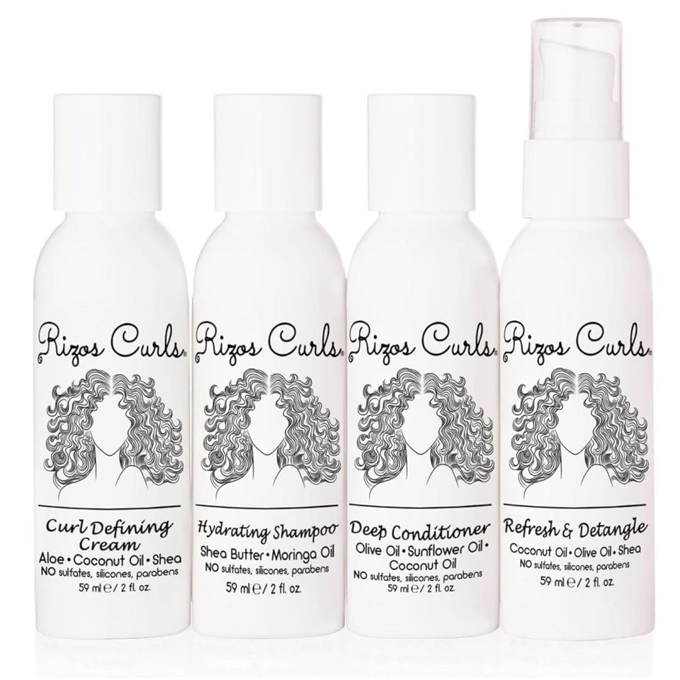 Rizos Curls front packaging showing four travel bottles and portability benefit