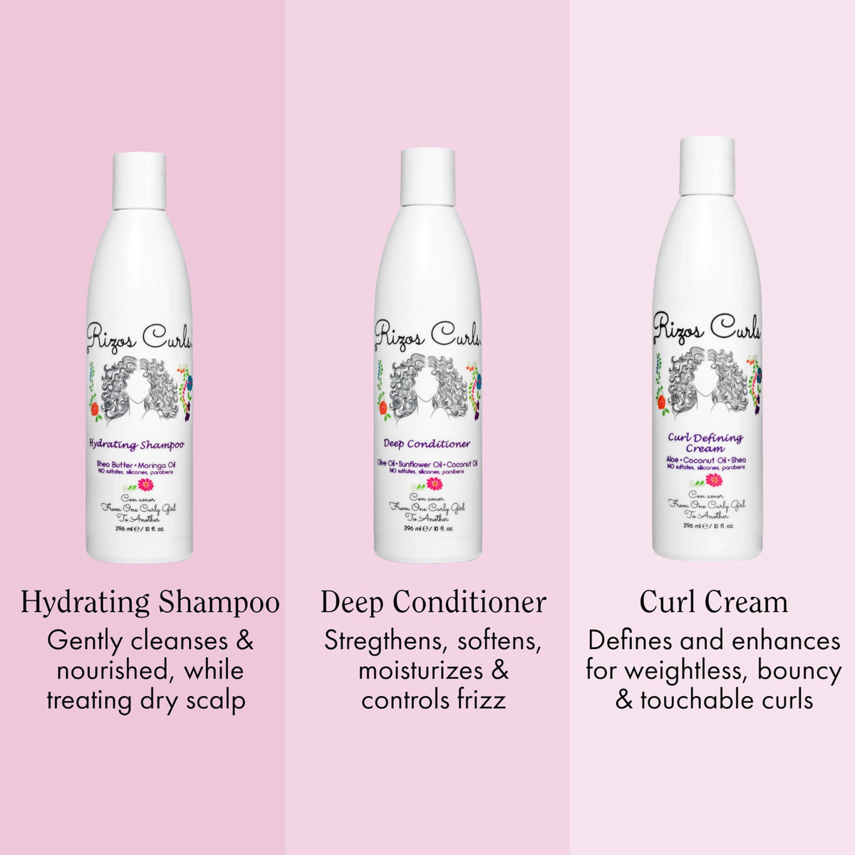 Rizos Curls hydrating shampoo pump close-up highlighting gentle cleanse