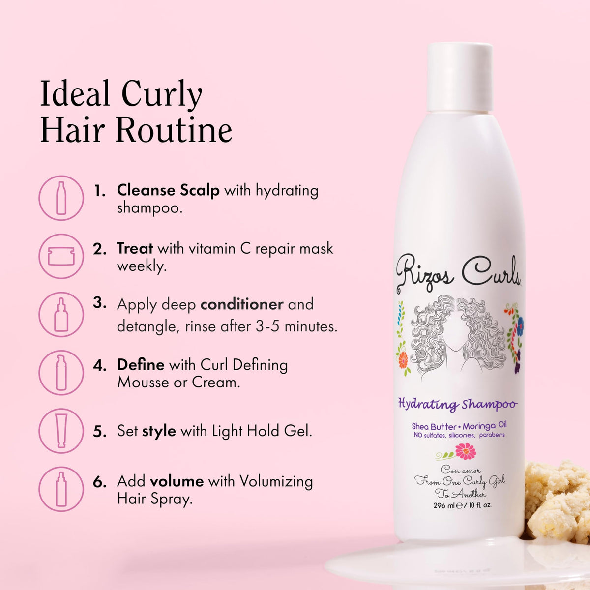 Rizos Curls 10 oz bottle beside common objects to show actual size and travel-friendly volume