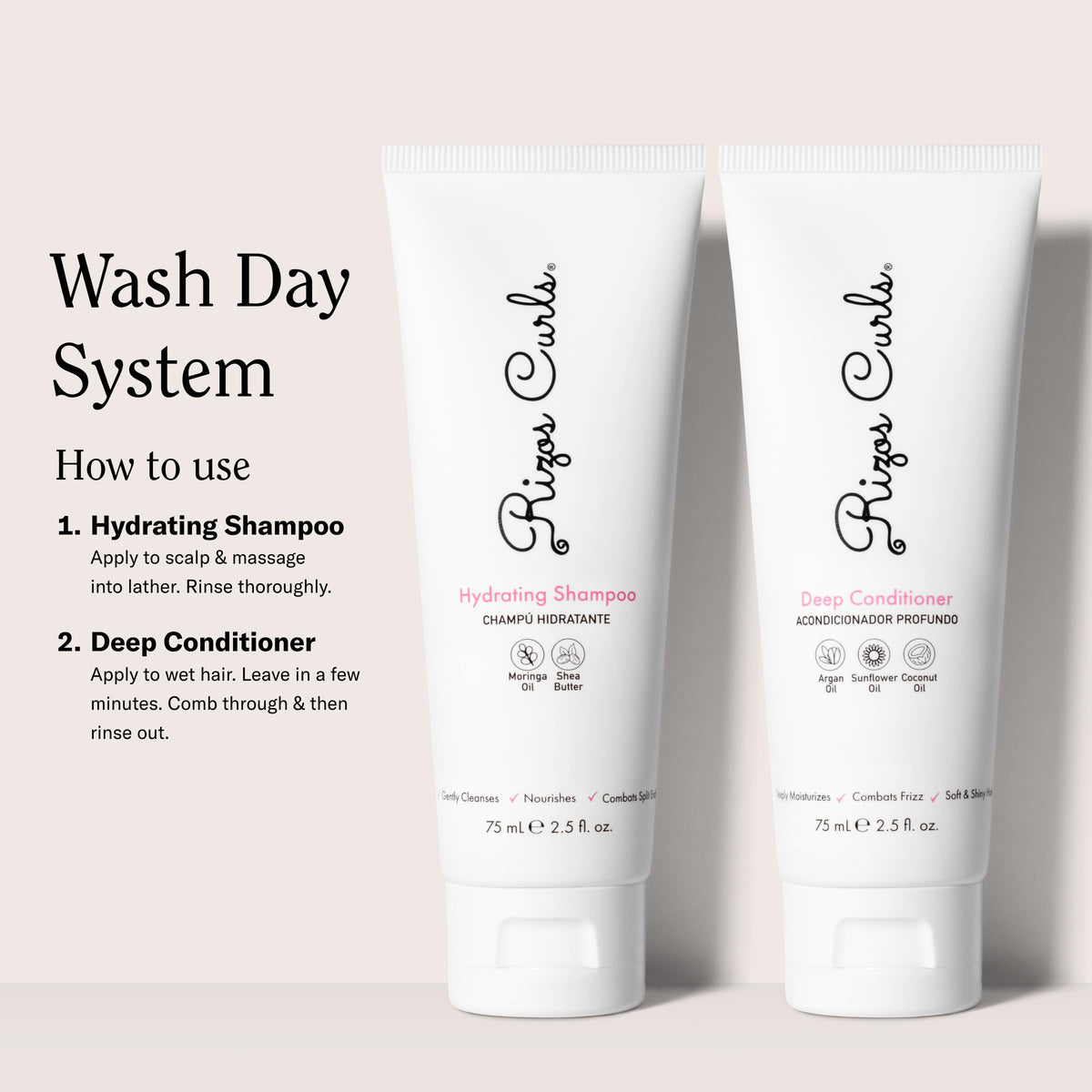 Rizos Curls products staged in shower setting demonstrating easy wash day use