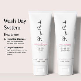Rizos Curls products staged in shower setting demonstrating easy wash day use