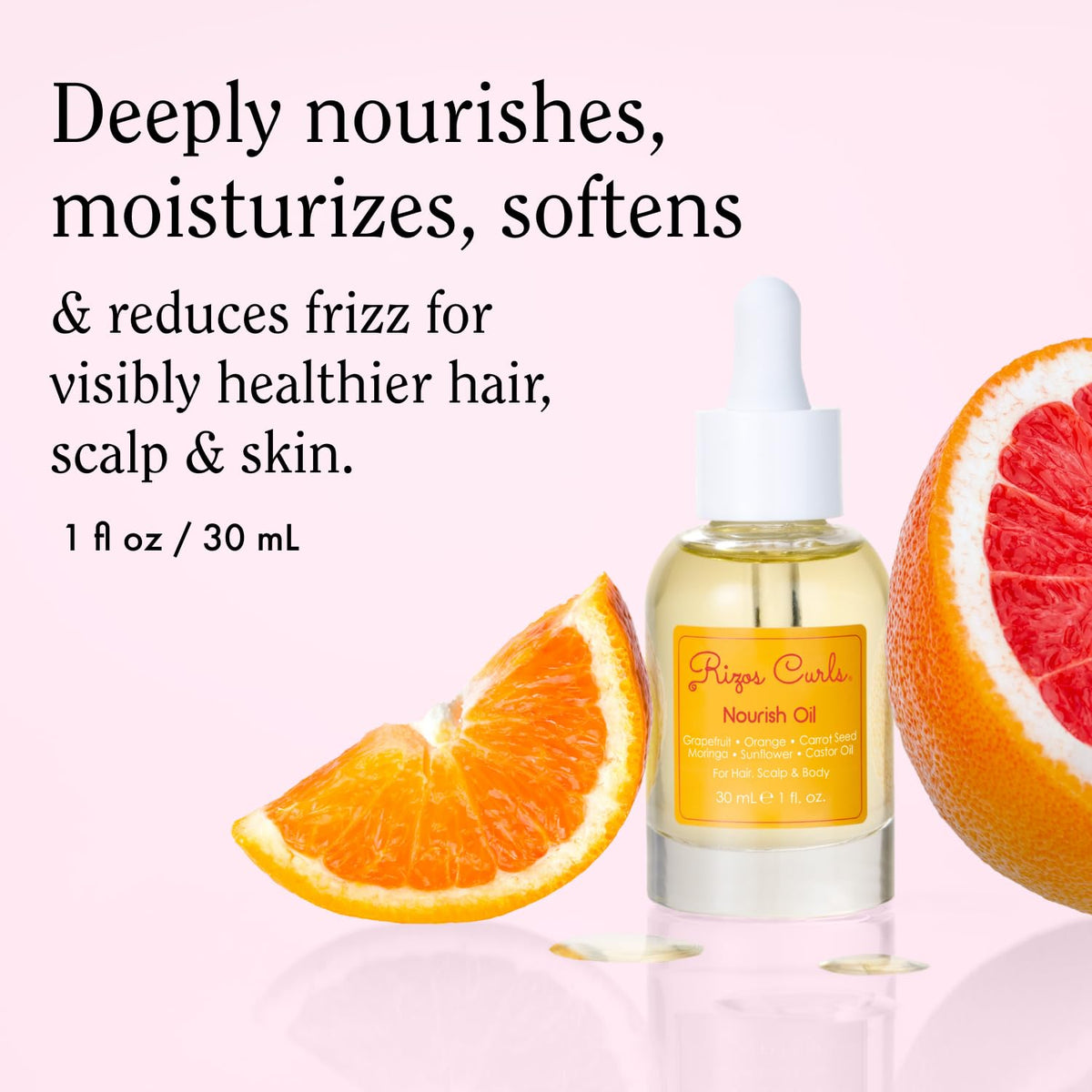 Rizos Curls oil texture close-up on palm, illustrates lightweight absorption
