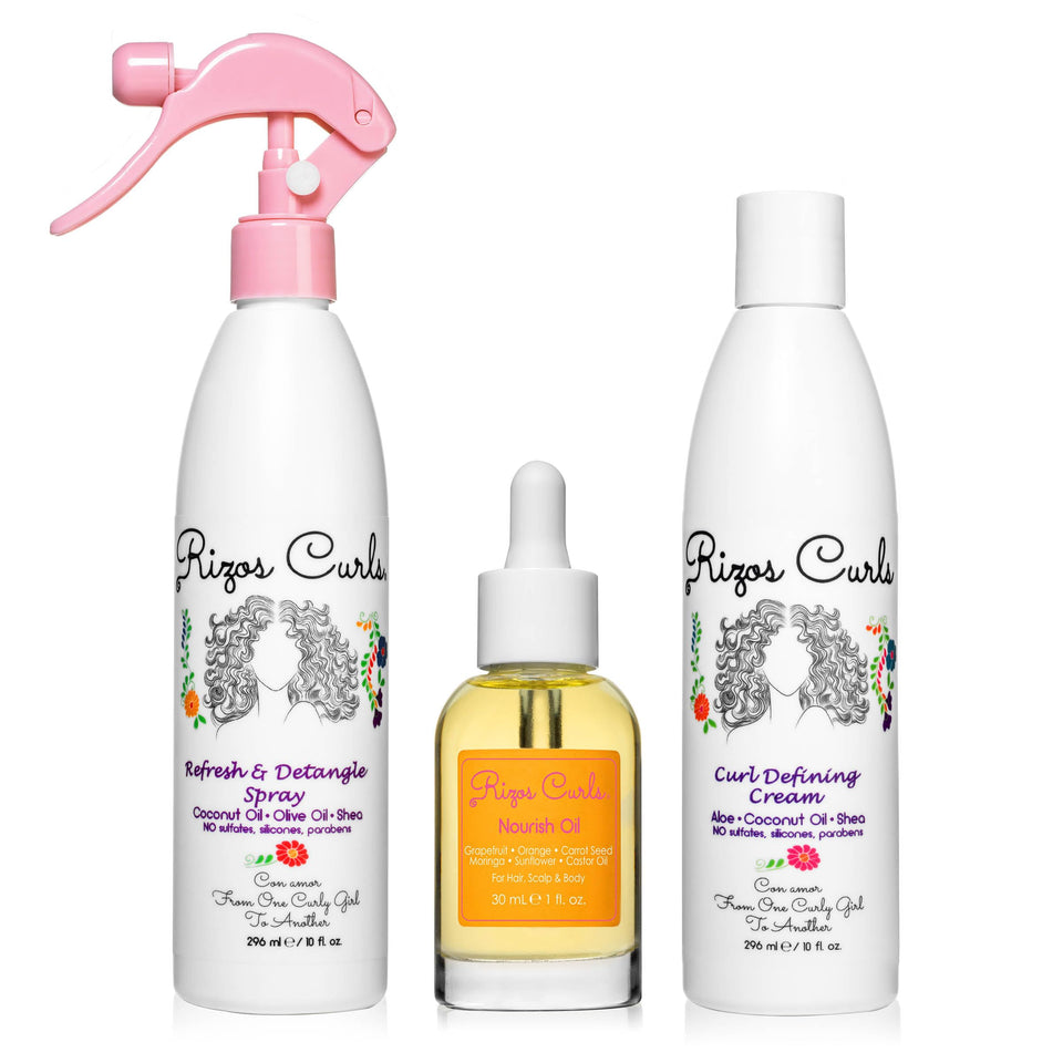 Rizos Curls refresh and detangle spray front view showing bottle and label, fast revival