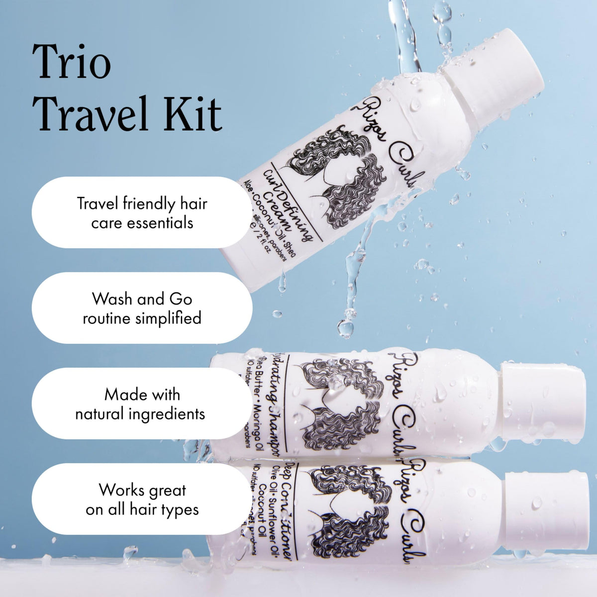 Rizos Curls three 2 oz bottles in a hand showing compact TSA-friendly convenience