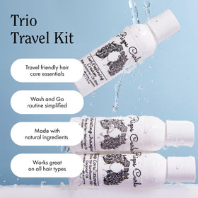 Rizos Curls three 2 oz bottles in a hand showing compact TSA-friendly convenience