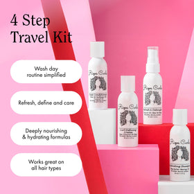 Rizos Curls travel kit next to passport showing compact TSA-friendly benefit