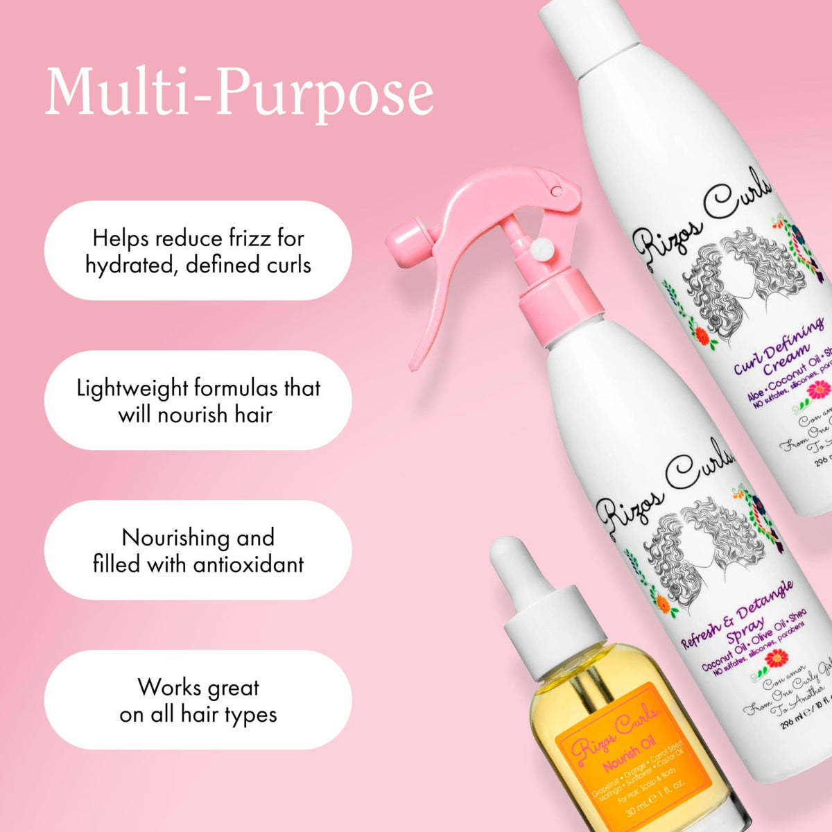 Rizos Curls spray being applied to dry curls to refresh and detangle on the go