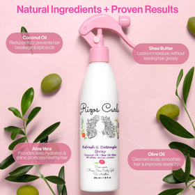 Rizos Curls spray nozzle closeup illustrating fine mist for even application