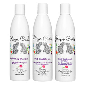 Rizos Curls trio front packaging showing set and benefit of simplified routine