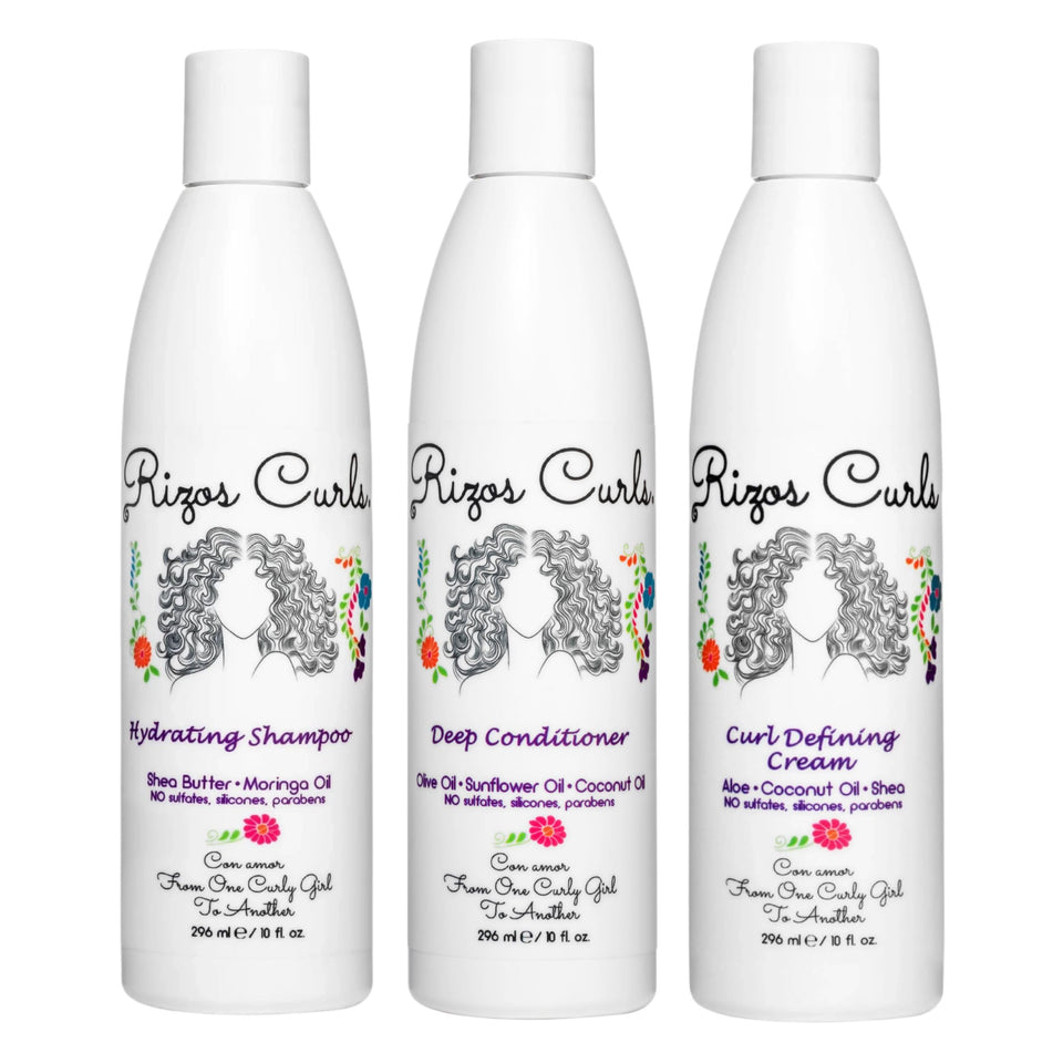 Rizos Curls trio front packaging showing set and benefit of simplified routine