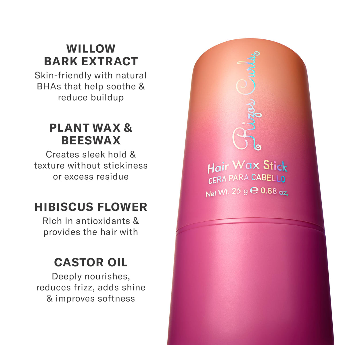 Rizos Curls ingredients label showing castor and babassu oils benefit