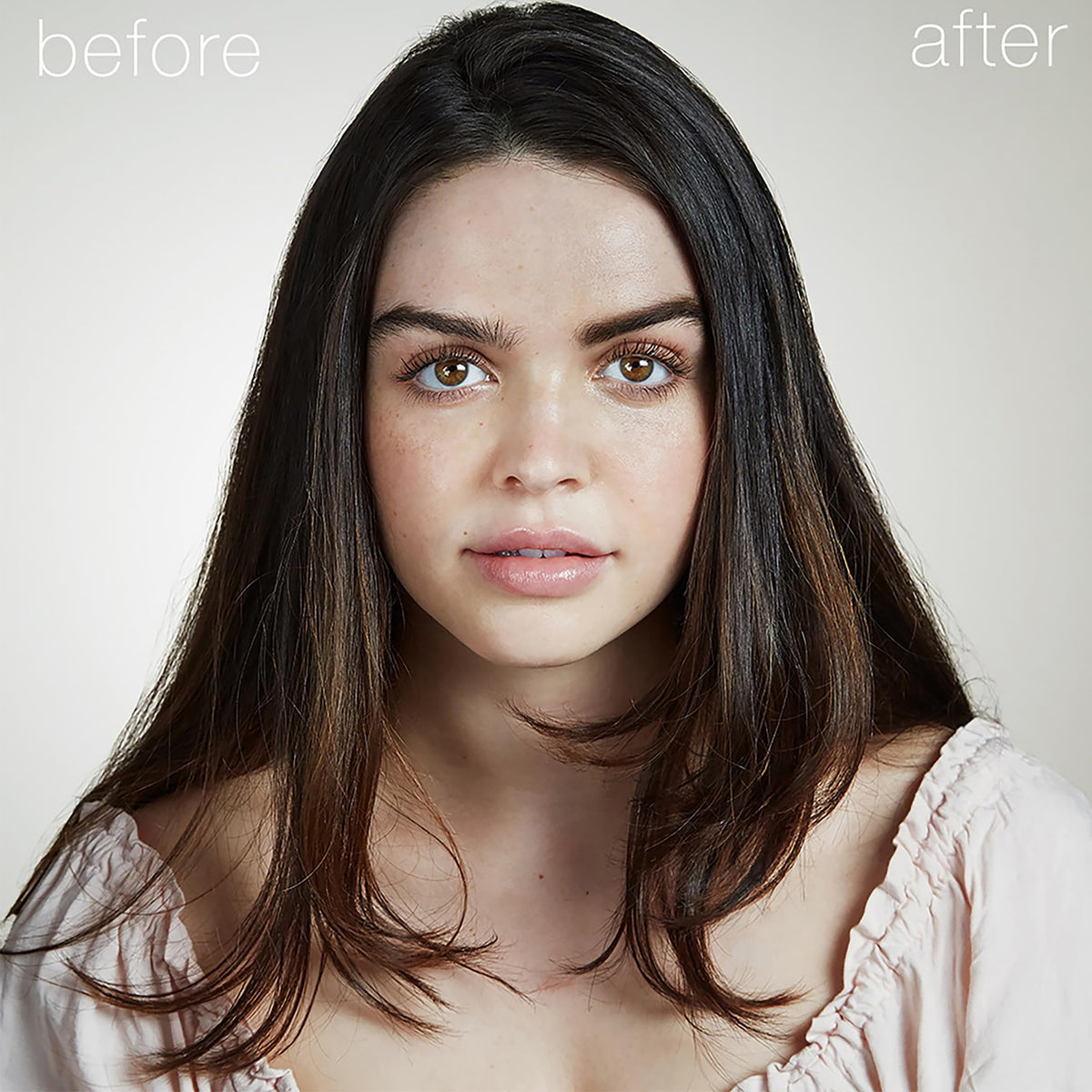 RMS Beauty detail of finished brow showing soft luminous, non-stenciled benefit