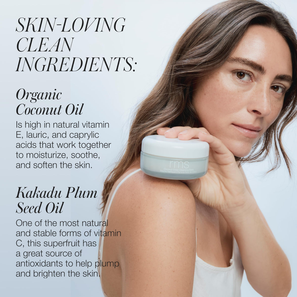 RMS Beauty hand applying balm-to-oil emphasizing easy massage removal benefit