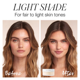 RMS Beauty before and after face comparison showing reduced shine and refined pores