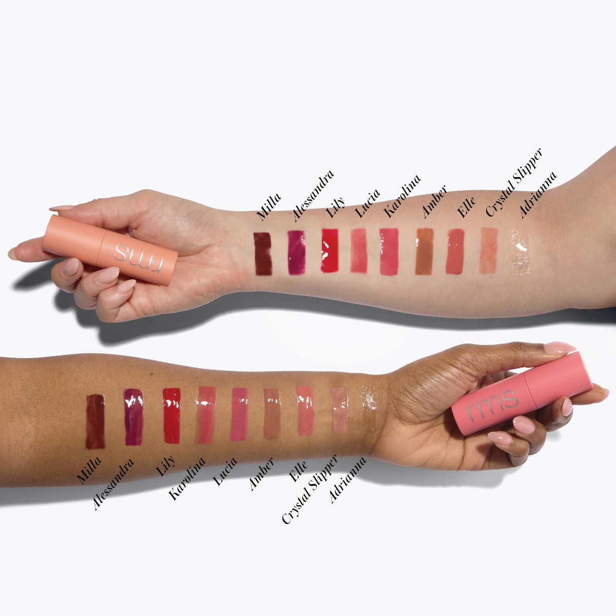 RMS Beauty lip oil layered over lipstick enhancing shine and color depth