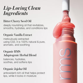 RMS Beauty lip oil on lips in lifestyle shot showing hydrated luminous look