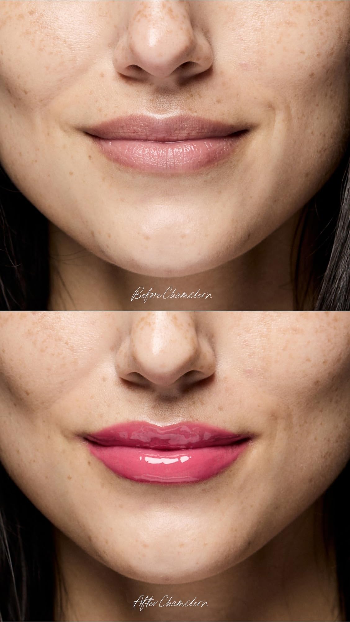 RMS Beauty lip oil on model lips giving luminous, natural-looking shine