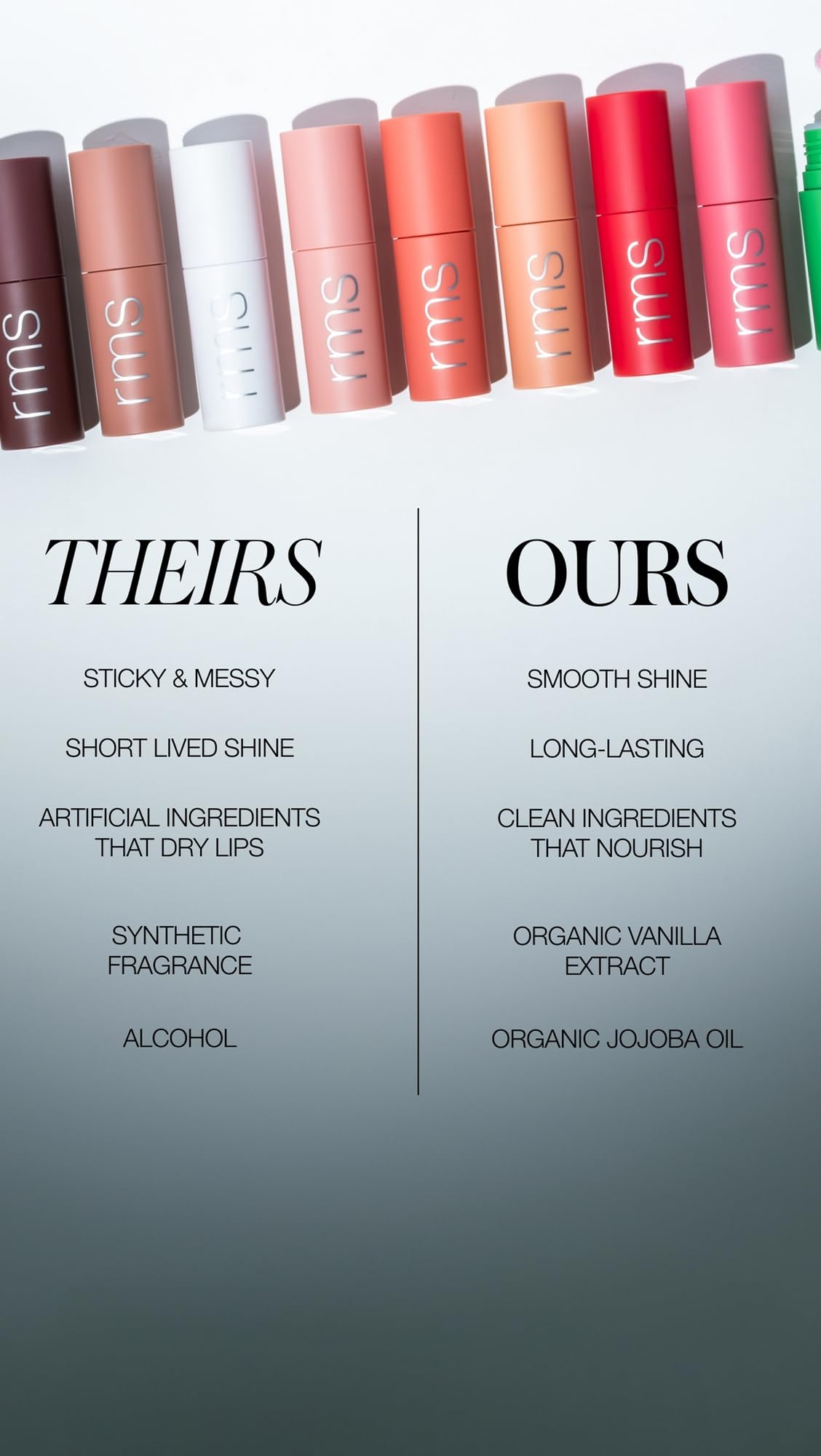 RMS Beauty high-shine detail highlighting reflective, non-sticky gloss