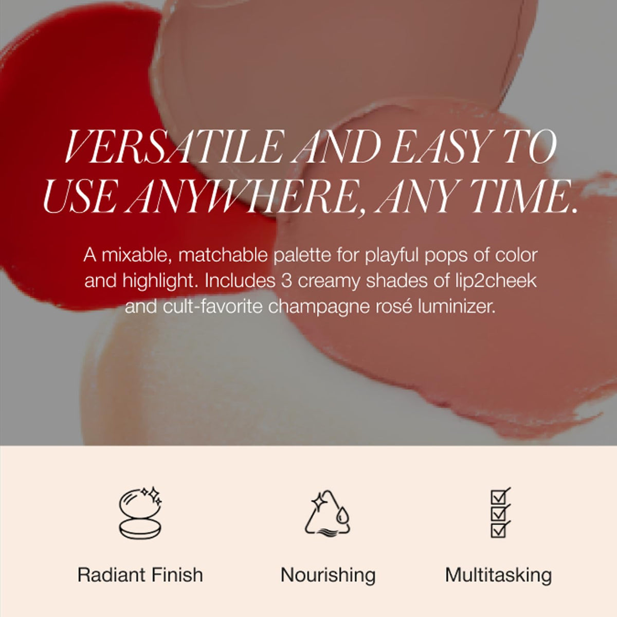 RMS Beauty Lip2Cheek being blended on cheek demonstrating buildable glow