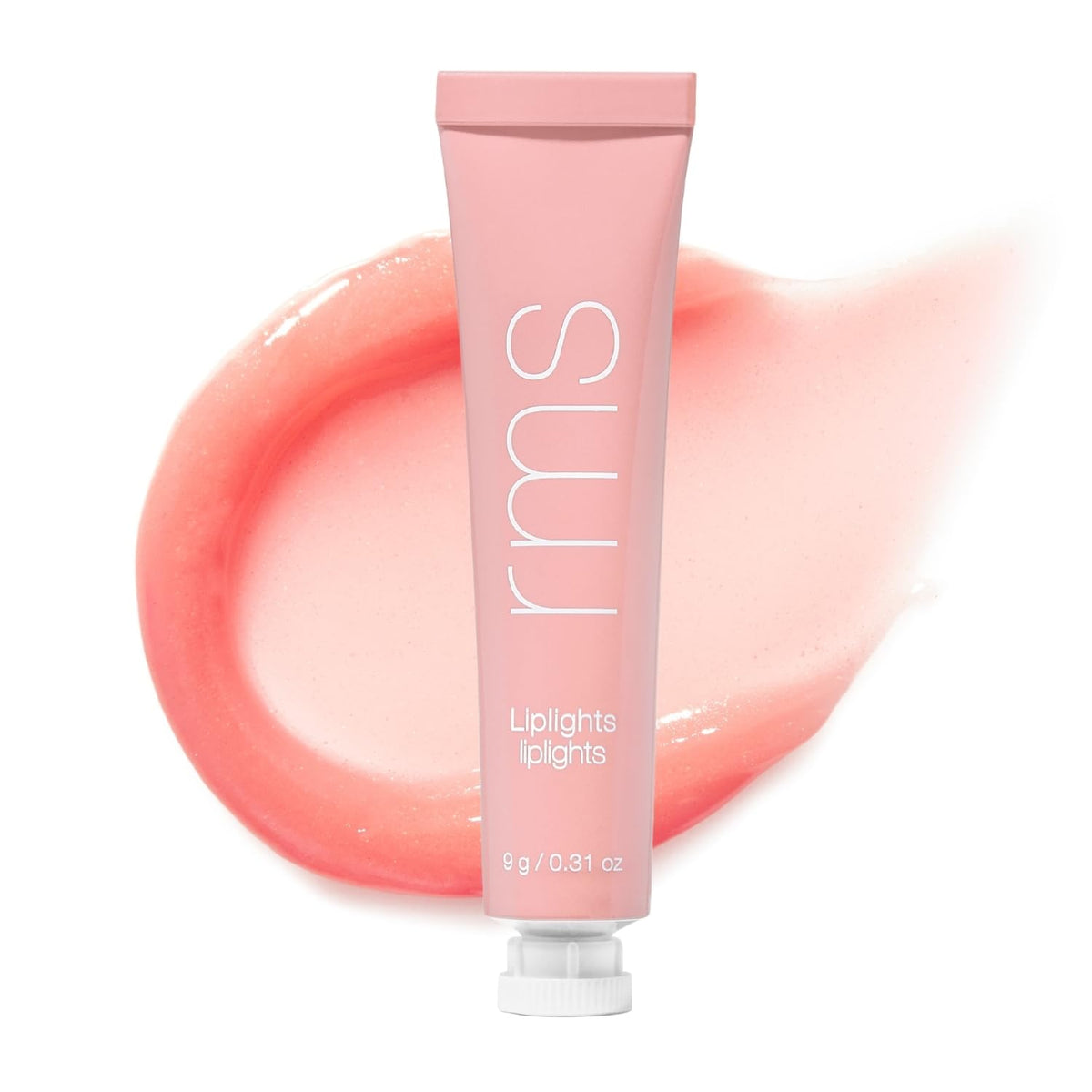RMS Beauty liplights front packaging showing compact 0.3 oz tube and branding benefits