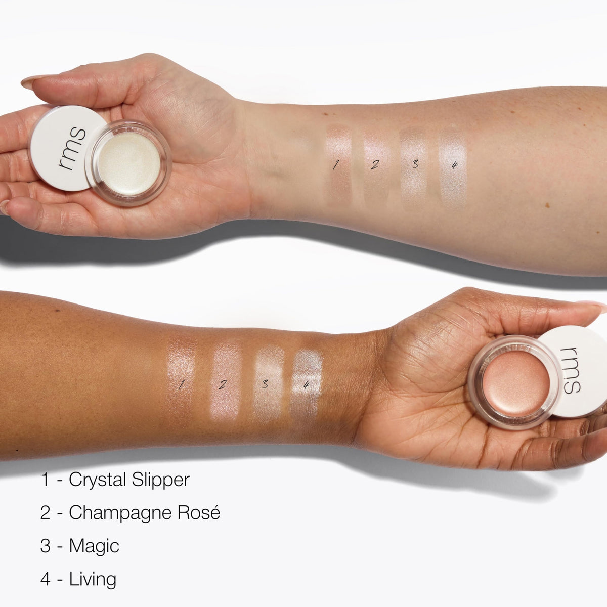 RMS Beauty luminizer blended on cheekbone delivering a subtle natural highlight