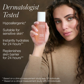 RMS Beauty bottle in hand to show size, demonstrates travel-friendly convenience