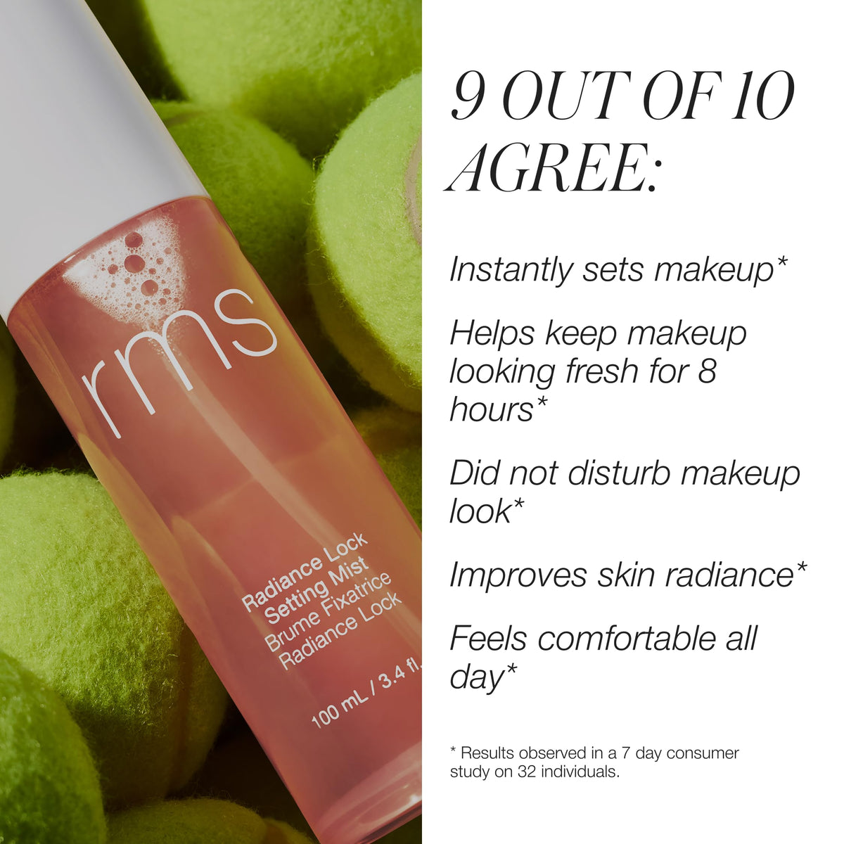 RMS Beauty mist in use on model offering dewy finish and midday refresh