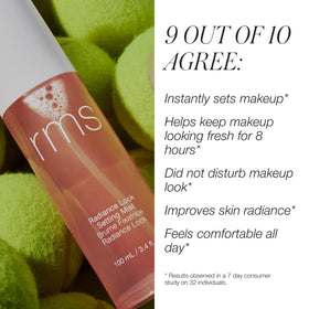 RMS Beauty mist in use on model offering dewy finish and midday refresh