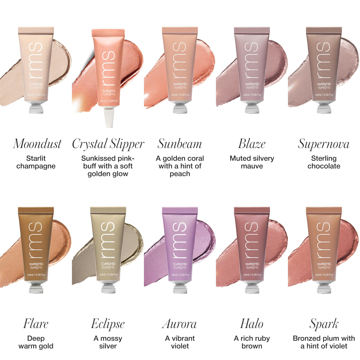 RMS Beauty Eyelights swatches on arm showing buildable shades and payoff